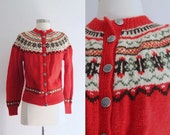 SALE 1950s Fair Isle Sweater / Vintage 50s Norway Red and White Fair Isle Wool Button Up Sweater / Wool Cardigan / Norwegian - S/M