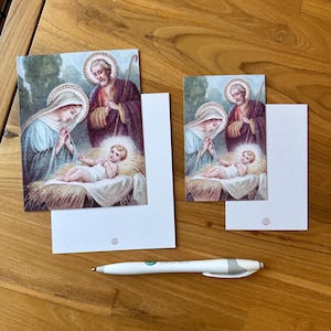 Kerstboodschap Heilige Familie, cadeaukaartje, blanco achterkant, kerststal, pakket van 10, 25, 50 of 100 stuks. Twee maten beschikbaar. Envelopoptie.