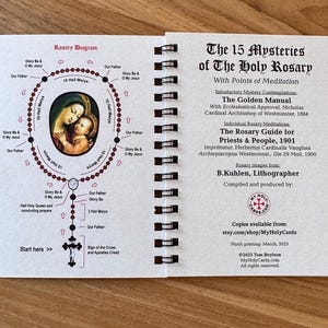 May include: Open booklet with a diagram of a rosary and text titled "The 15 Mysteries of The Holy Rosary." The diagram includes an illustration of Mary and Jesus. The booklet is spiral-bound and printed in black and red ink.