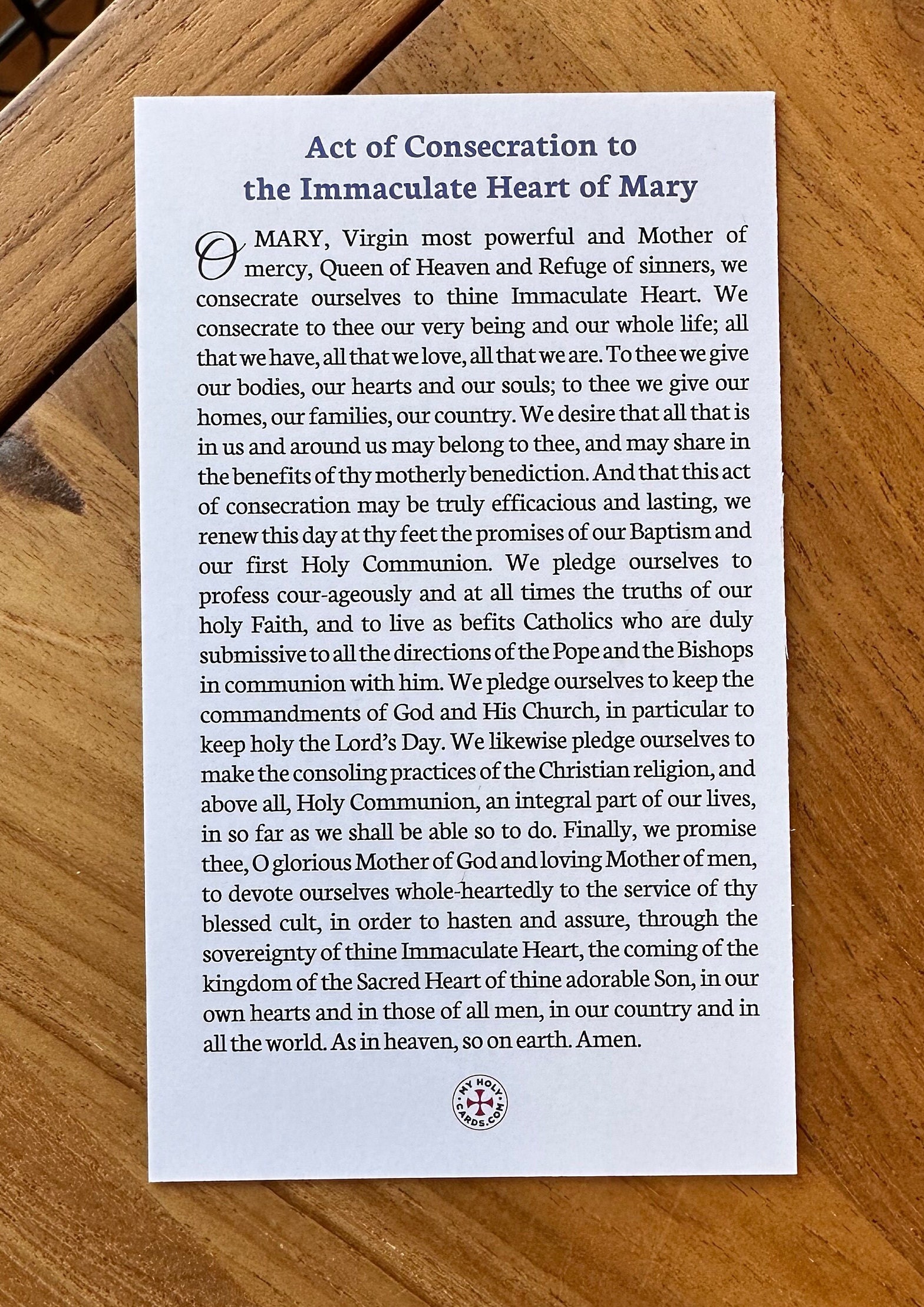 Act of Consecration to the Immaculate Heart of Mary Prayer Card (3x5 In ...