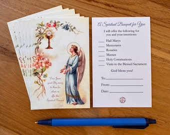 Catholic Spiritual Bouquet Prayer Holy Card, packages of 10, 25, 50 and 100, wtih Prayer and write in area for  prayers/devotions offered
