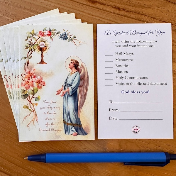 Catholic Spiritual Bouquet Prayer Holy Card, packages of 10, 25, 50 and 100, wtih Prayer and write in area for  prayers/devotions offered