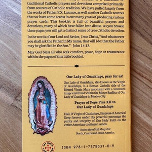 May include: A yellow prayer booklet titled IMMACULATA featuring text about Catholic traditions, a quote from John 14:13, and a prayer to Our Lady of Guadalupe. The back cover includes an illustration of the Virgin Mary, a logo, and ISBN 978-1-7378331-0-9.