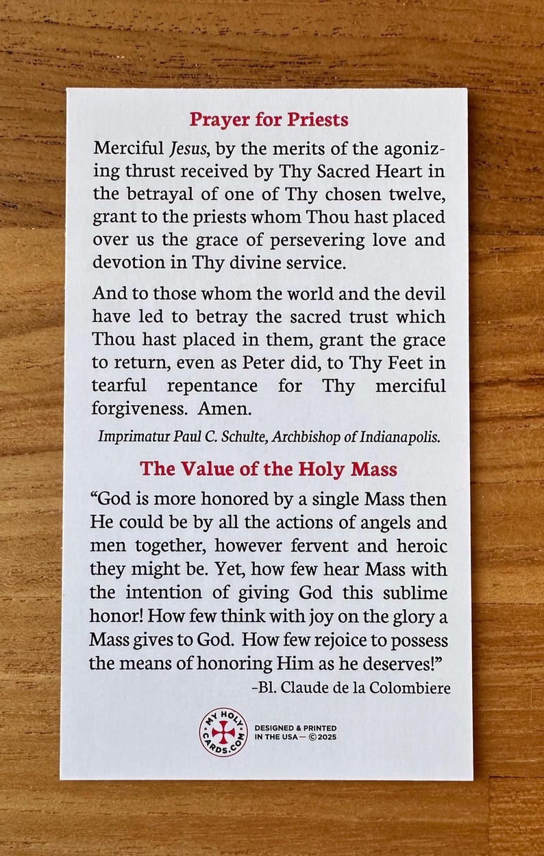 Prayer for Priests Holy Card: Pack of 5/10/25/50/100, Catholic Prayer ...
