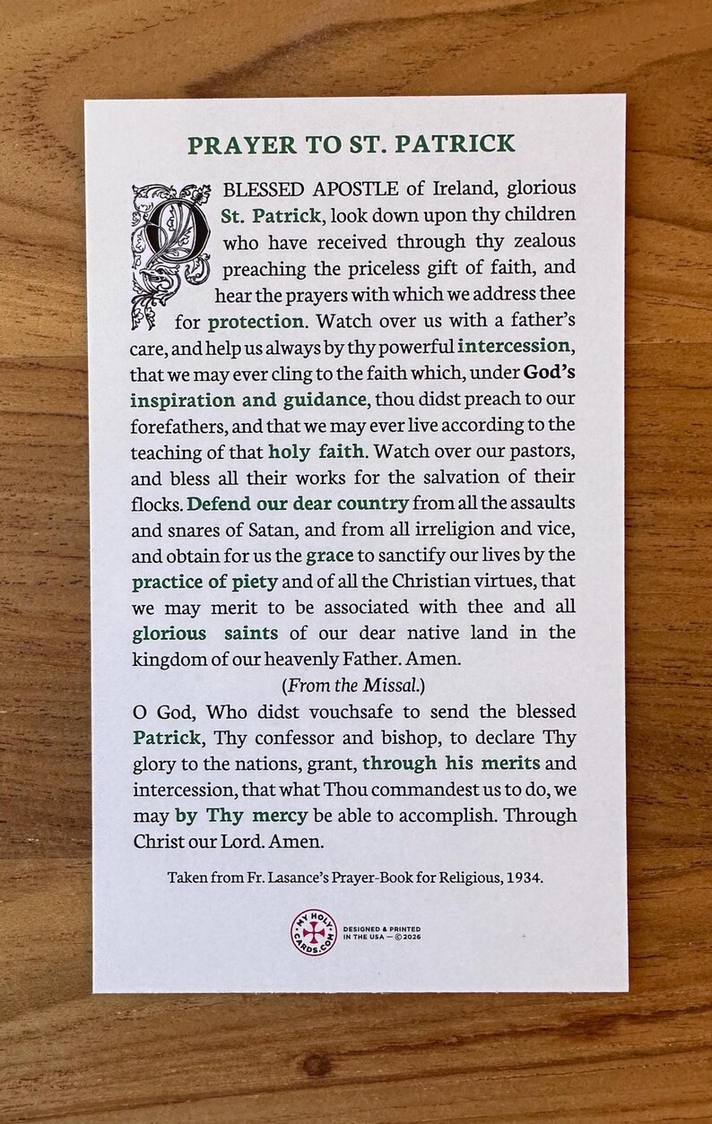St. Patrick Holy Card – Catholic Prayer for Intercession and Protection ...
