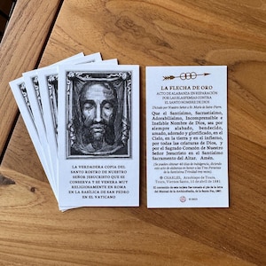 Gebedskaart Santo Rostro de Jesus / Heilig gezicht in het Spaans, reliëf goudfolie