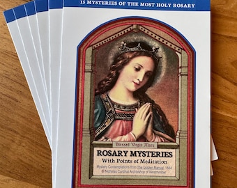 Catholic Rosary Prayer Card: 15 Mysteries, Meditation Points, How to Pray the Rosary