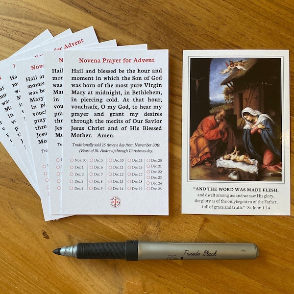 Novena Prayer for Advent Holy Card - Hail and Blessed, St Andrew Novena Catholic with Checkbox for tracking days, sets of 10, 25, 50 and 100