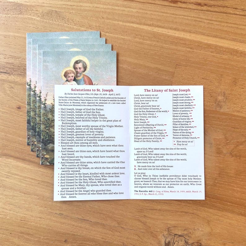 St. Joseph Prayer Card: 3 Unique Prayers, Litany (Pack of 5/10/25/50/100) image 1