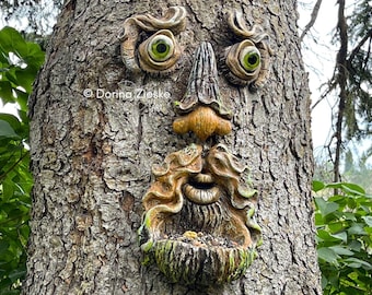 Sylas - Comedero para pájaros con forma de cara de árbol de hormigón grande, arte de árbol caprichoso, regalo de cumpleaños único, regalo para jardineros, escultura de jardín, decoración de árbol