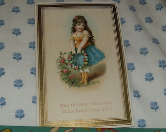 Vintage New Year's Day Postcard Early 1900s Victorian Postcard Young Girl with Flowers and Message History House Antiques Gift for Her