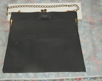 Vintage Satin Evening Bag in Black with Gold Chain Circa 1960s Excellent Condition