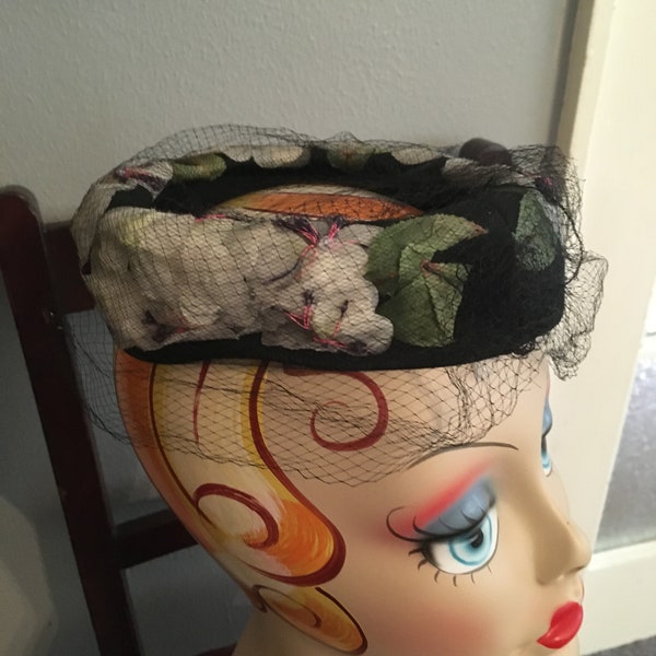 Vintage Hat for Easter Sunday Pink and White Flowers on Black Velvet Hat with Veil Made in USA Circa 1950s