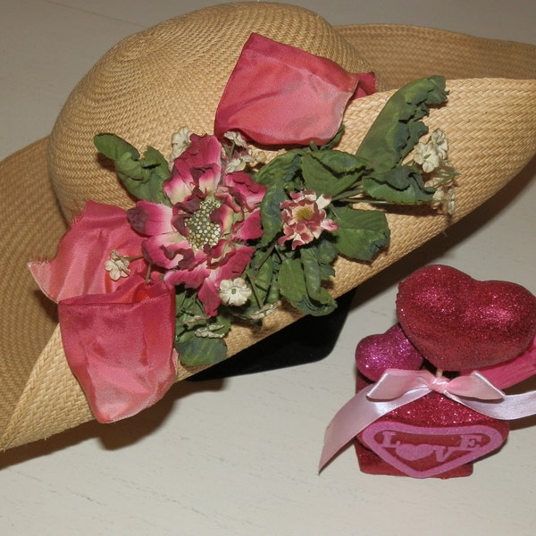 Vintage CLEARANCE-- '80s Spring Straw Hat Was 49.50 Now 24.75 50% OFF- TOUCAN Collection Hat Ribbon Flowers  History House Gift for Her