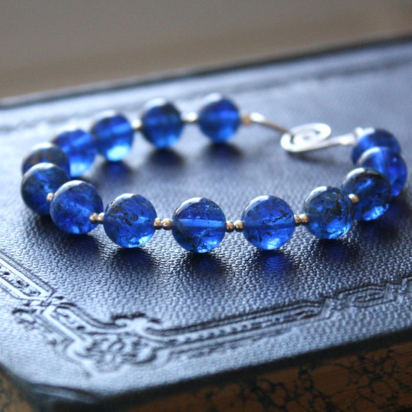 Golden River Bracelet - Deep Dark Blue Glass Beaded Sterling Silver Bracelet, Handmade Jewellery by Ikuri immortelle, FREE SHIPPING