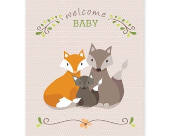 Instant Download Welcome Baby Printable Card - Fox Family Greeting Card PDF - Digital New Baby Card - 4.25" x 5.5"