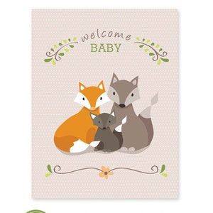 Instant Download Welkom Baby afdrukbare kaart - Fox Family wenskaart PDF - digitale nieuwe babykaart - 4,25 "x 5,5"