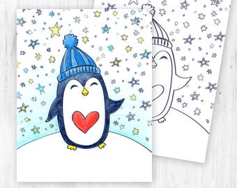 May include: A printable coloring page featuring a penguin wearing a blue and white hat with a yellow pom-pom. The penguin is holding a red heart and is surrounded by a blue and white snowy background with yellow stars.