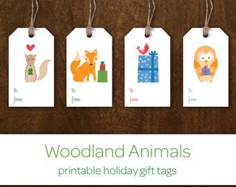 Printable Holiday Gift Tags - Instant Download Christmas Gift Tags - Woodland Animals Holiday Gift Labels - Fox Bird Owl Squirrel