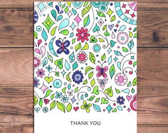 Printable Thank You Card - Coloring Card Thank You Note PDF - Instant Download  - Printable Card - Magical Garden Printable Note Card