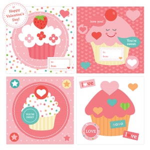 May include: Four printable Valentine's Day cards featuring pink and white cupcakes with different decorations. The cards have the text "Happy Valentine's Day!" "love you!" "You're sweet." and "LOVE XOXO LOVE".