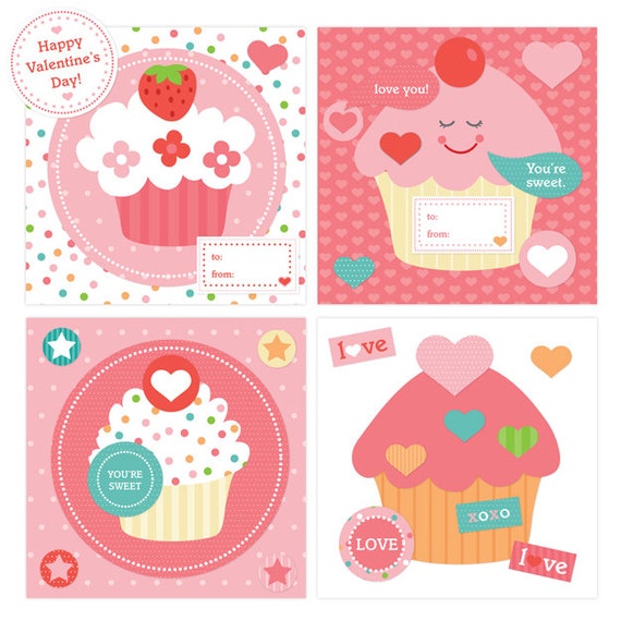 Valentine Card Kit - Instant Download Printable Valentine's Day Kid's Classroom DIY Cards - Cupcakes & Hearts - Kid's Valentine Clip Art