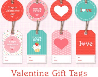 Printable Valentine Gift Tags - Set of 8 Valentine&#39;s Day Gift Labels - Instant Download -  Cupcakes & Hearts Printable Valentine Tags