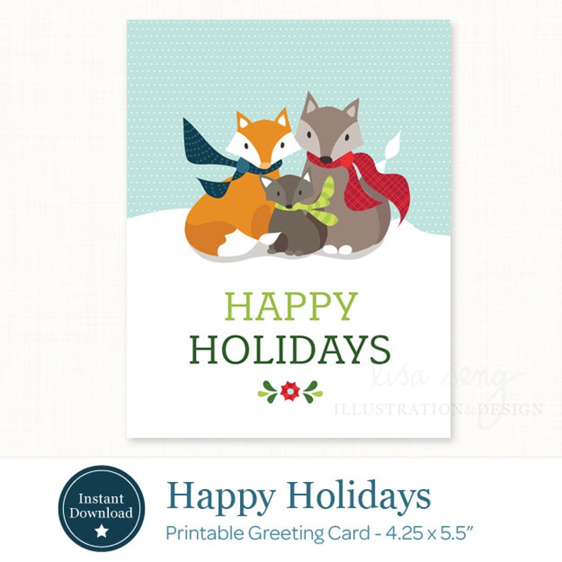 Happy Holidays Printable Christmas Card Printable Holiday Card PDF Fox ...