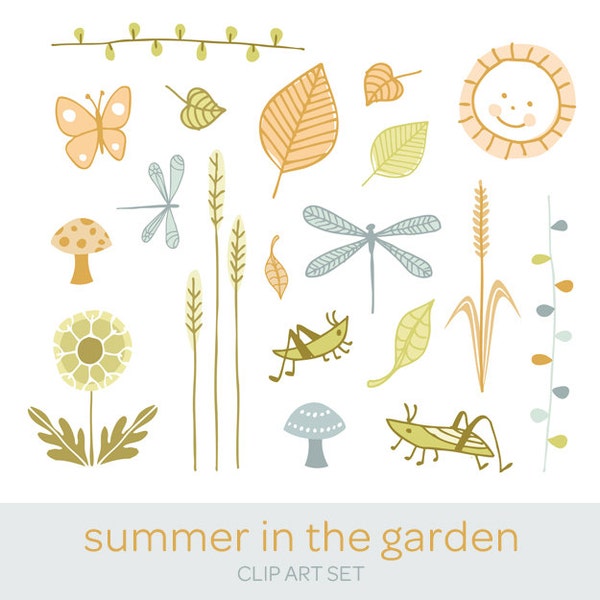 Instant Download Clip Art - Summer Garden Illustrated Clip Art Set - Grasshopper, Butterfly, Dandelion, Mushroom, Leaves, Sunshine