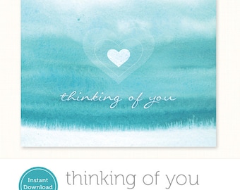 Printable Thinking of You Card - Printable Greeting Card - Blue Watercolor with Heart Motif - Instant Download - 4.25" x 5.5"