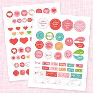 May include: Printable Valentine's Day stickers with various designs, including hearts, stars, flowers, and text. The stickers feature red, pink, green, yellow, and blue colors. The text on the stickers includes "Happy Valentine's Day!" and "Love you!"