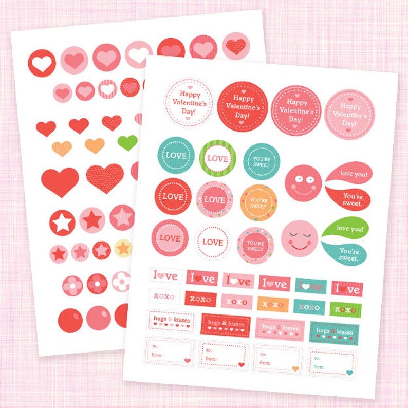 May include: Printable Valentine's Day stickers with various designs, including hearts, stars, flowers, and text. The stickers feature red, pink, green, yellow, and blue colors. The text on the stickers includes "Happy Valentine's Day!" and "Love you!"