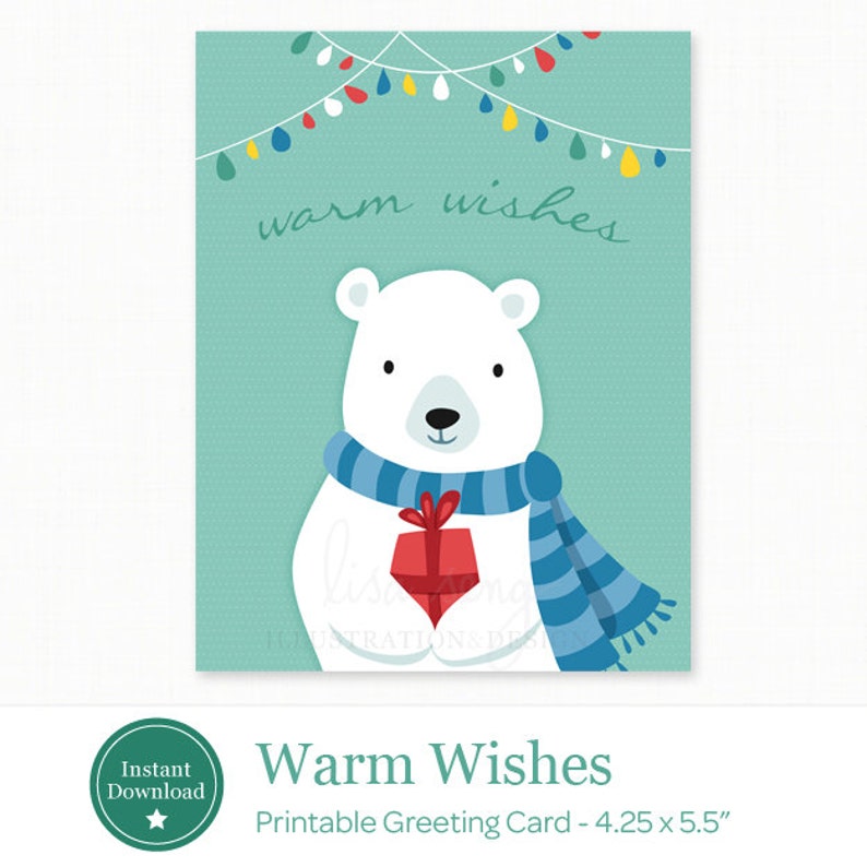 Printable Holiday Card Polar Bear Printable Christmas Card | Etsy