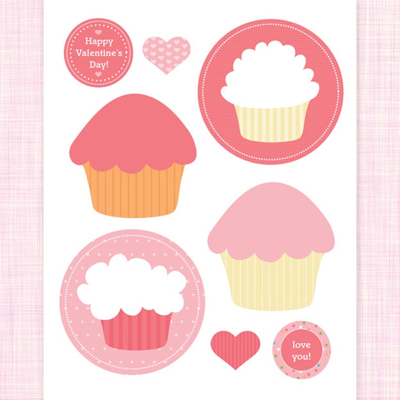 May include: Pink and white cupcake themed Valentine's Day stickers with the text "Happy Valentine's Day!" and "love you!"