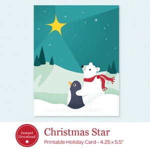 Afdrukbare kerstkaart - Kerstster afdrukbare kerstkaart - Polar Bear Penguin afdrukbare kerstkaart PDF - 4,25 "x 5,5"