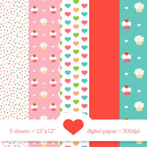 Printable Valentine Paper - Cupcakes Hearts - Instant Download - DIY Valentine&#39;s Day Digital Paper  - Scrapbooking Printable Paper