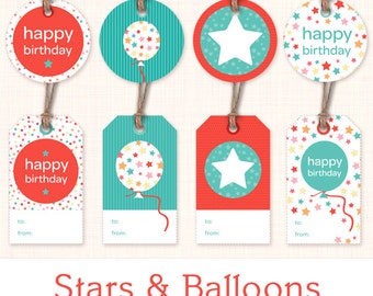 Printable Birthday Gift Tags - Instant Download Digital Gift Labels - Blue and Red - Balloons and Stars