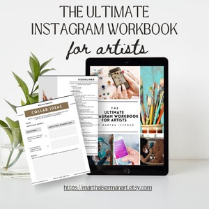 Może przedstawiać: Cyfrowy zeszyt ćwiczeń dla artystów o tym, jak wykorzystać Instagram do rozwoju swojej firmy. Zeszyt zawiera sekcje dotyczące burzy mózgów, pomysłów na współpracę i wytycznych dotyczących korzystania z platformy. Obraz na okładce przedstawia tablet wyświetlający kolaż obrazów związanych ze sztuką i mediami społecznościowymi.