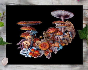 Stampa artistica di funghi scuri, poster di funghi, arte stravagante di funghi ad acquerello