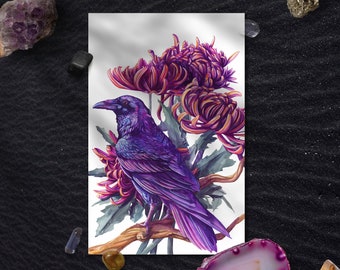 Raven and Chrysanthemums Poster, Watercolor bird and flowers, Dark Art