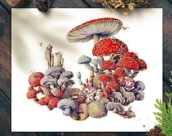Paddenstoelenbos Art Print, aquarel paddestoelposter, grillige tuinkunst