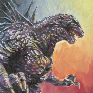 Small Original Oil Painting of Godzilla – Unique Monster Art for Sci-Fi Lovers