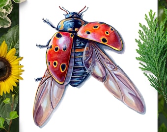 Lady Beetle Art Print, Pretty Insect Gift, Nursery Decor