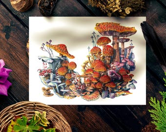 Watercolor Mushroom Print- Fantasy Fungi Art Print for Nature and Sci-Fi Lovers