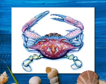 Blue Crab Art Print, Watercolor Beach House Decor