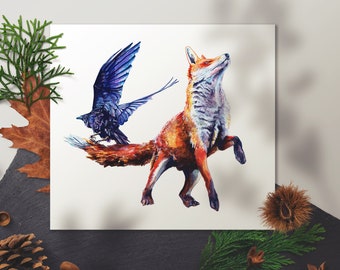 Watercolor Fox and Raven Print: Folk Art Animal Home Decor