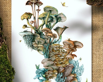 A Mushroom World Art Print and Fungi Gift