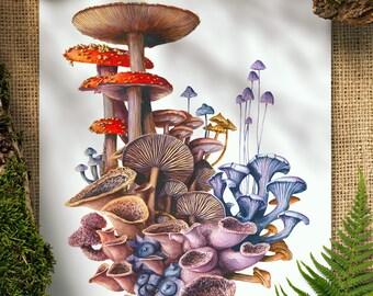Vibrant Watercolor Mushroom Poster for Nature Lover