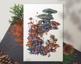Enchanted Mushroom Forest - Watercolor Poster Print | Surreal Mushroom Microhabitat Art