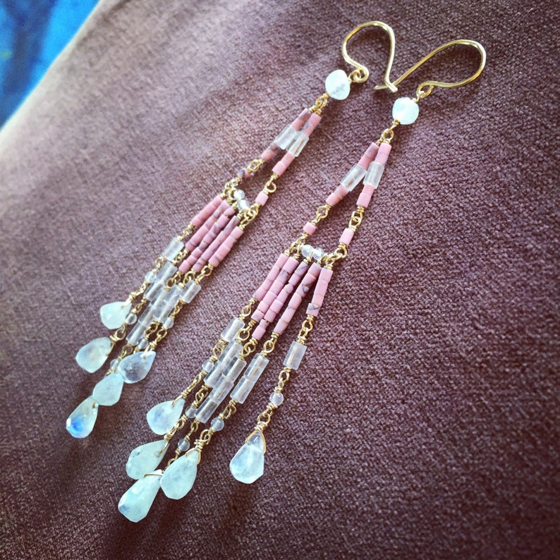 Pink Coral Rainbow Moonstone & Rose Quartz 14 Kt Goldfilled Earrings